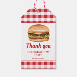 赤いギンガムチェックのバースデーお礼のハンバーガー ギフトタグ