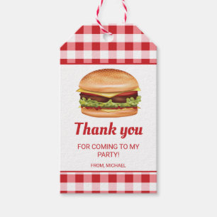 赤いギンガムチェックのバースデーお礼のハンバーガー ギフトタグ