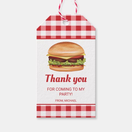 赤いギンガムチェックのバースデーお礼のハンバーガー ギフトタグ (正面)