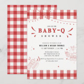 赤いギンガムチェックのベビーQ BBQ ベビーシャワー 招待状 (正面/裏面)
