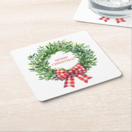 赤いギンガムチェックの飾りリボンの付いた水彩画風の緑のリース スクエアペーパーコースター
