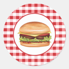 赤いギンガムチェック柄のハンバーガーのイラスト ラウンドシール