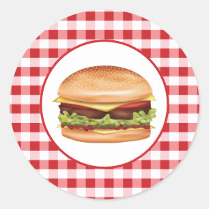赤いギンガムチェック柄のハンバーガーのイラスト ラウンドシール