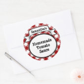 赤いギンガムトマトソース又はレシピの瓶・蓋ラベル ラウンドシール (封筒)