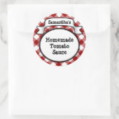赤いギンガムトマトソース又はレシピの瓶・蓋ラベル ラウンドシール (バッグ)