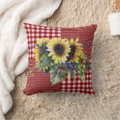 赤いギンガムパターンのヒマワリの花束 クッション (ブランケット)