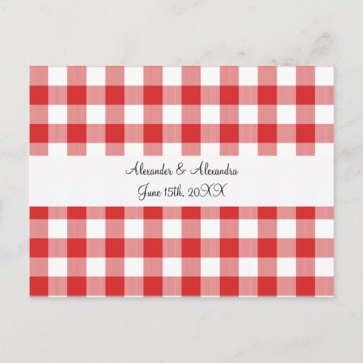 赤いギンガムパターンの結婚式の引き出物 ポストカード (正面)