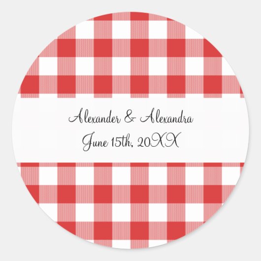 赤いギンガムパターンの結婚式の引き出物 ラウンドシール (正面)