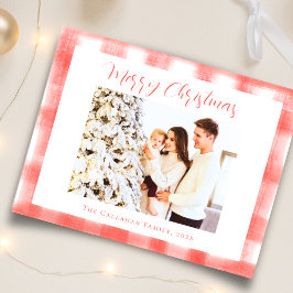 赤いギンガムプレイドウォーター色フォトクリスマス シーズンカード