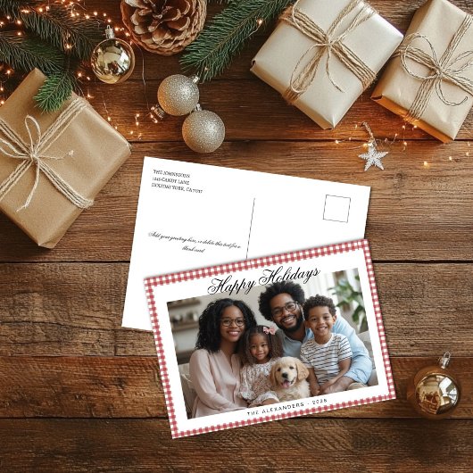 赤いギンガムホリデーフォト シーズンポストカード
