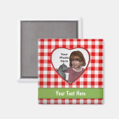 赤いギンガムルックハートフレーム:写真と文字の追加 マグネット (正面/裏面)