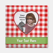 赤いギンガムルックハートフレーム:写真と文字の追加 マグネット (正面)