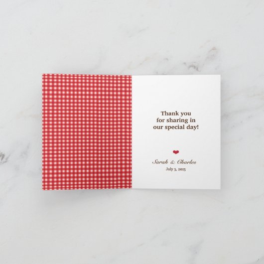 赤いギンガム及びバーラップのメーソンジャーは感謝していしています サンキューカード (内部)