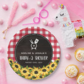 赤いギンガム&ひまわり素朴ベビー-Qシャワー ペーパープレート (パーティー)