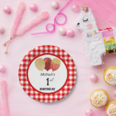 赤いギンガム&バルーン1st誕生日 ペーパープレート (パーティー)