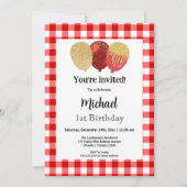 赤いギンガム、パーティーバルーン1st誕生日 招待状 (正面)
