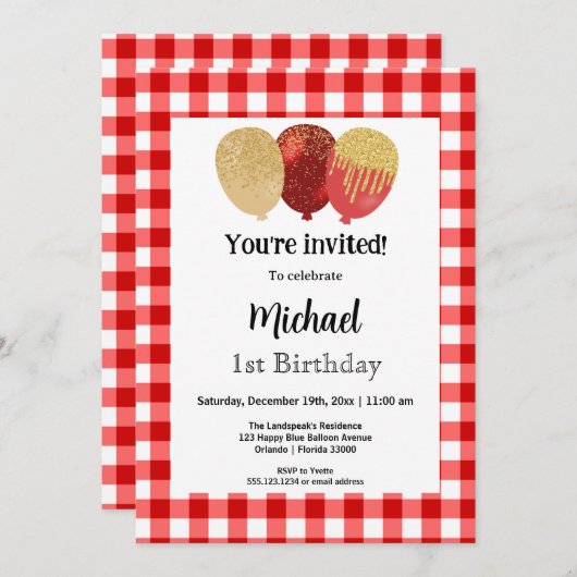 赤いギンガム、パーティーバルーン1st誕生日 招待状 (正面/裏面)