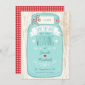 赤いギンガム&ミント・メイソン・ジャー日付を保存 セーブザデート (正面/裏面)