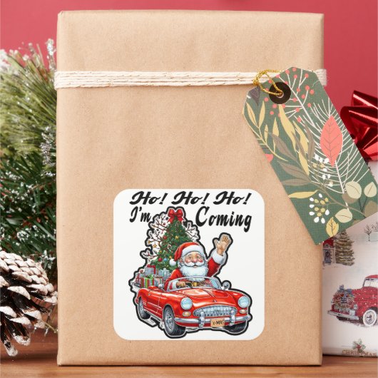 赤いクラシックカーを運転するサンタクロース スクエアシール (クリスマス)