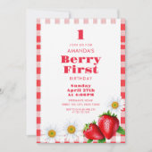 赤いクラシックギンガムストロベリーガール1st誕生日 招待状 (正面)