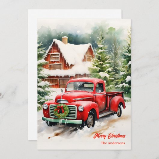 赤いクラシックトラックのクリスマスリースシーン シーズンカード (正面/裏面)