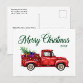 赤いクラシックトラックの木のギフトメリークリスマスイヤー ポストカード (正面/裏面)