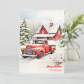 赤いクラシックトラックの雪のように居心地の良いクリスマスシーン シーズンカード (スタンド正面)