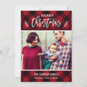 赤いクラシックバッファローのプレイドメリークリスマスフォト シーズンカード (正面)