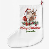 赤いクラシックホリーベリー |トナカイ付きサンタ ラージクリスマスストッキング (裏面)