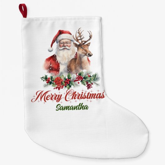 赤いクラシックホリーベリー |トナカイ付きサンタ ラージクリスマスストッキング (正面)