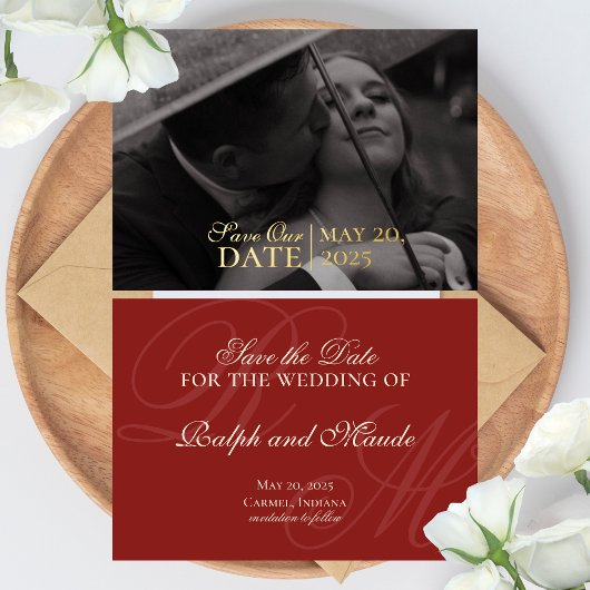 赤いクラシック写真とホイルの結婚式の日付を保存 箔招待状