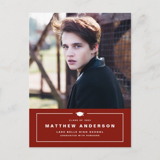 赤いクラシック卒業キャップ写真卒業 案内ポストカード (正面)