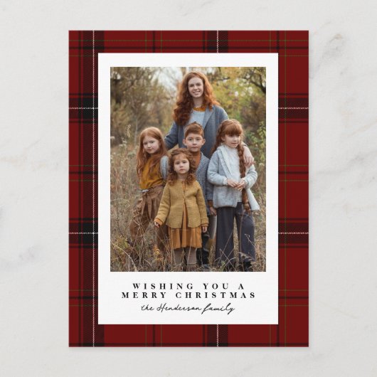 赤いクラシック格子模様のフレーム写真クリスマス シーズンポストカード (正面)