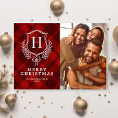 赤いクラシック格子模様のモノグラム写真クリスマス シーズンカード