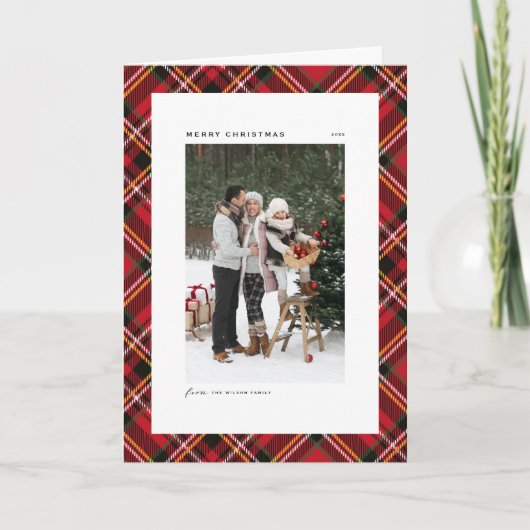 赤いクラシック格子模様の写真メリークリスマス シーズンカード (正面)