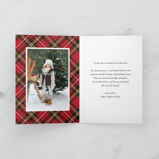 赤いクラシック格子模様の写真メリークリスマス シーズンカード (内部)