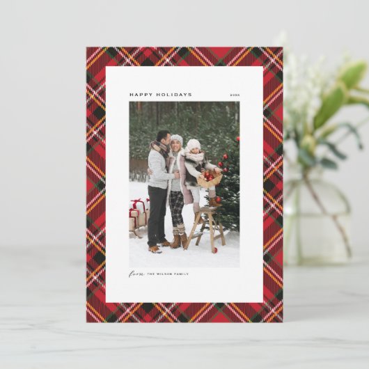 赤いクラシック格子模様ハッピーホリデーズフォト (スタンド正面)