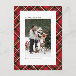 赤いクラシック格子模様メリークリスマスフォト シーズンポストカード