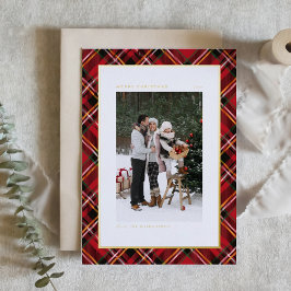 赤いクラシック格子模様メリークリスマスフォト 箔シーズンカード