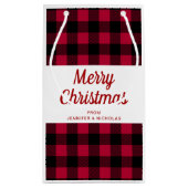 赤いクラシック格子模様メリークリスマス スモールペーパーバッグ (裏面)