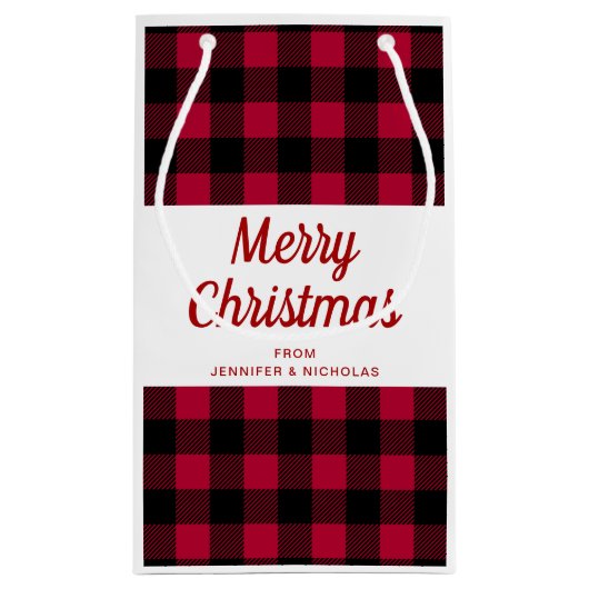 赤いクラシック格子模様メリークリスマス スモールペーパーバッグ (裏面)