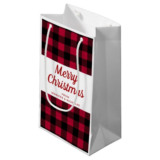 赤いクラシック格子模様メリークリスマス スモールペーパーバッグ (正面アングル)
