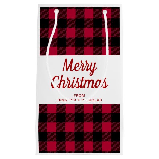 赤いクラシック格子模様メリークリスマス スモールペーパーバッグ (正面)