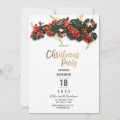 赤いクランベリーと緑の葉と金の冬のクリスマス 招待状 (正面)