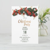 赤いクランベリーと緑の葉と金の冬のクリスマス 招待状 (スタンド正面)
