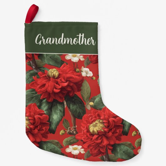 赤いクリザセメムの花名 スモールクリスマスストッキング (正面)
