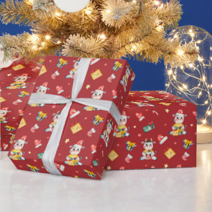 赤いクリスマスにかわいい水彩牛の模様 ラッピングペーパー
