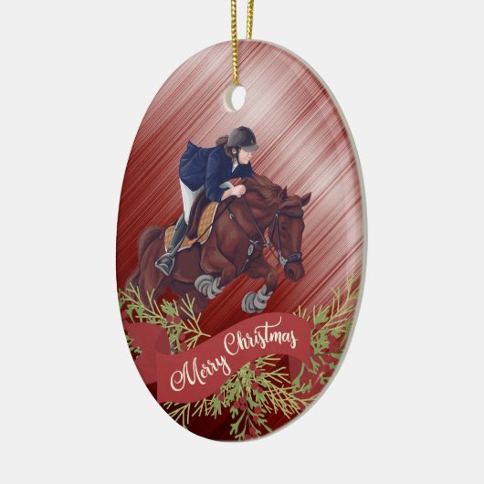 赤いクリスマスにジャンプする女の子と馬をパーソナライズ セラミックオーナメント (左)
