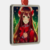 赤いクリスマスに美しいアニメの少女 メタルオーナメント (右)