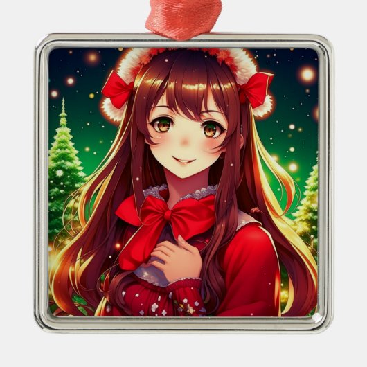 赤いクリスマスに美しいアニメの少女 メタルオーナメント (正面)